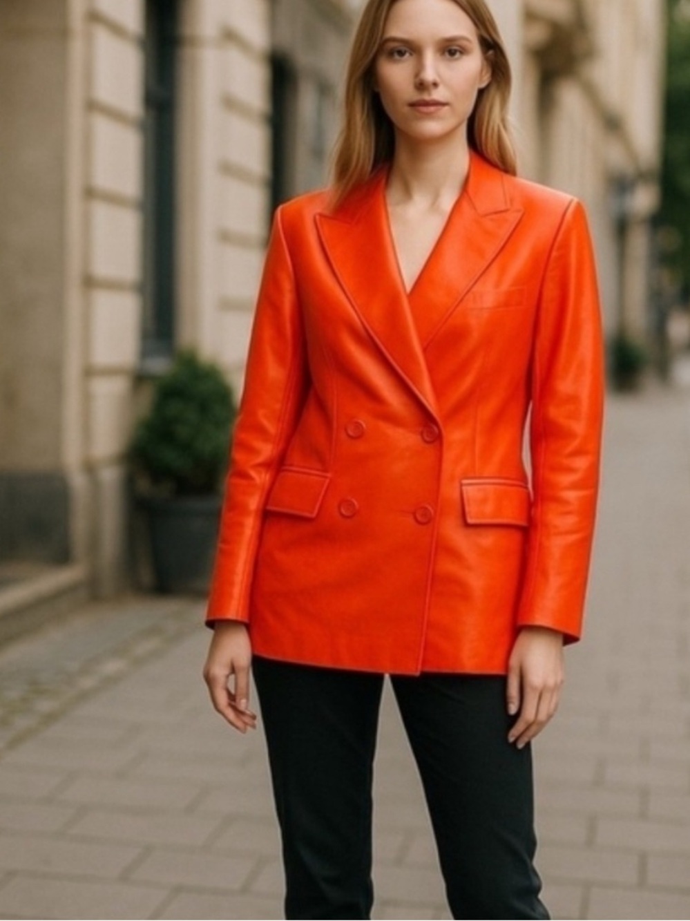 House of Harlow 1960 Bright Orange Double-Breasted Leather Blazer